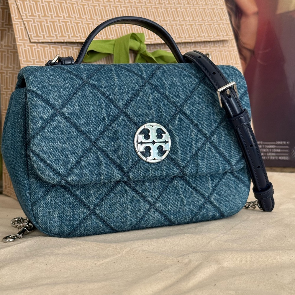 New Tory Burch Denim WILLA DENIM MINI TOP HANDLE BAG & matching cardholder - Picture 2 of 11